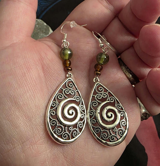 Celtic-inspired Beaded Dangle Earrings with S925 ear wires. Celtic spiral, nature, earth