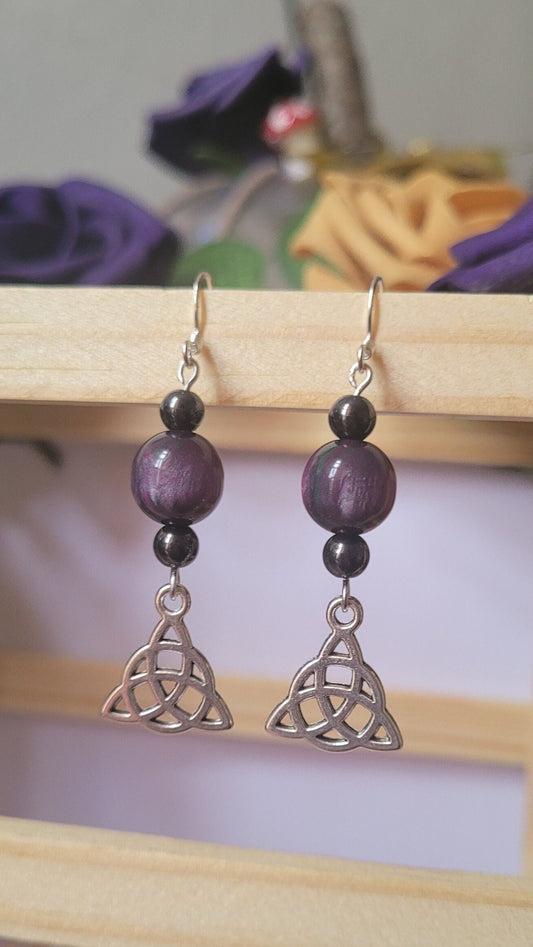 Triquetra charm beaded drop earrings. Gothic, pagan, celtic, S925 ear wires