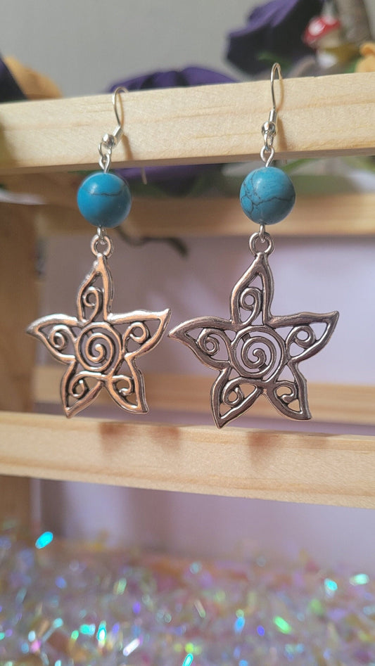 Hollow spiral flower beaded drop earrings. Boho, S925 ear wires.