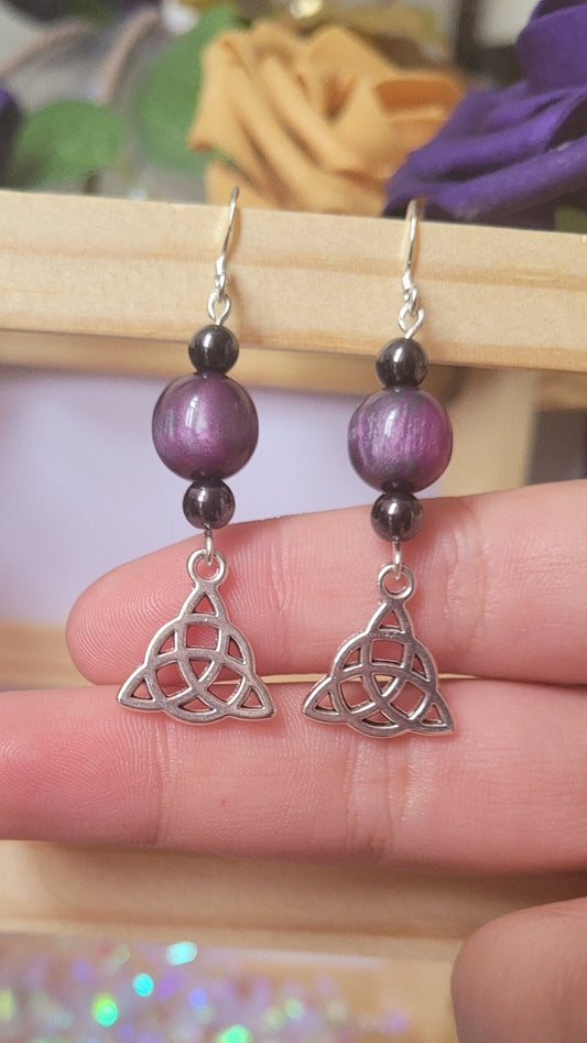 Triquetra charm beaded drop earrings. Gothic, pagan, celtic, S925 ear wires