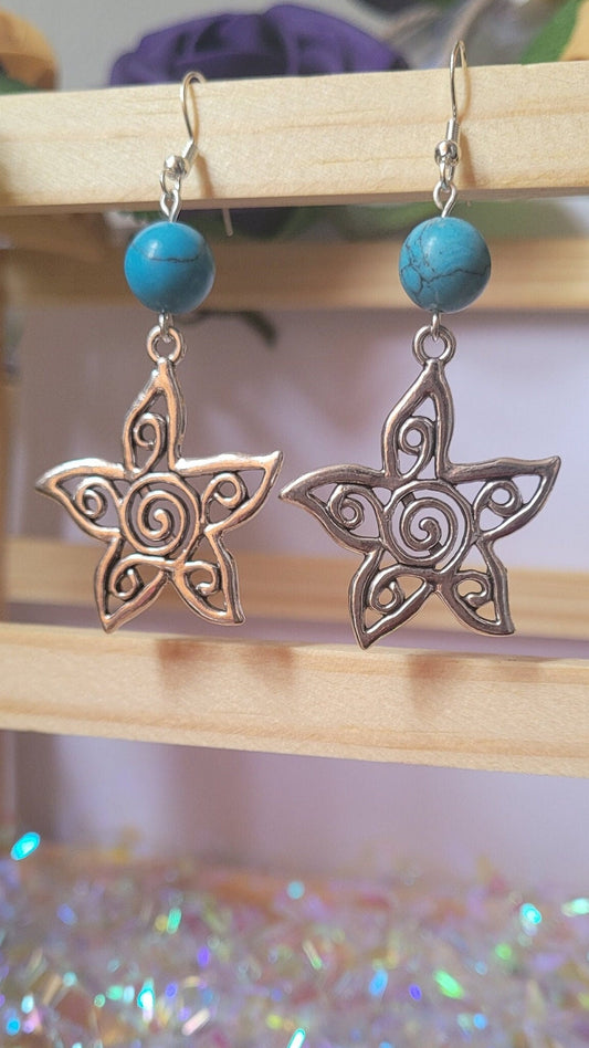 Hollow spiral flower beaded drop earrings. Boho, S925 ear wires.