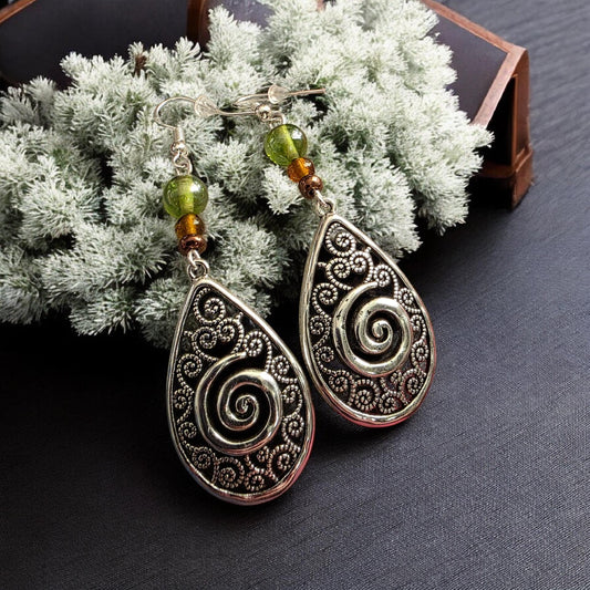 Celtic-inspired Beaded Dangle Earrings with S925 ear wires. Celtic spiral, nature, earth